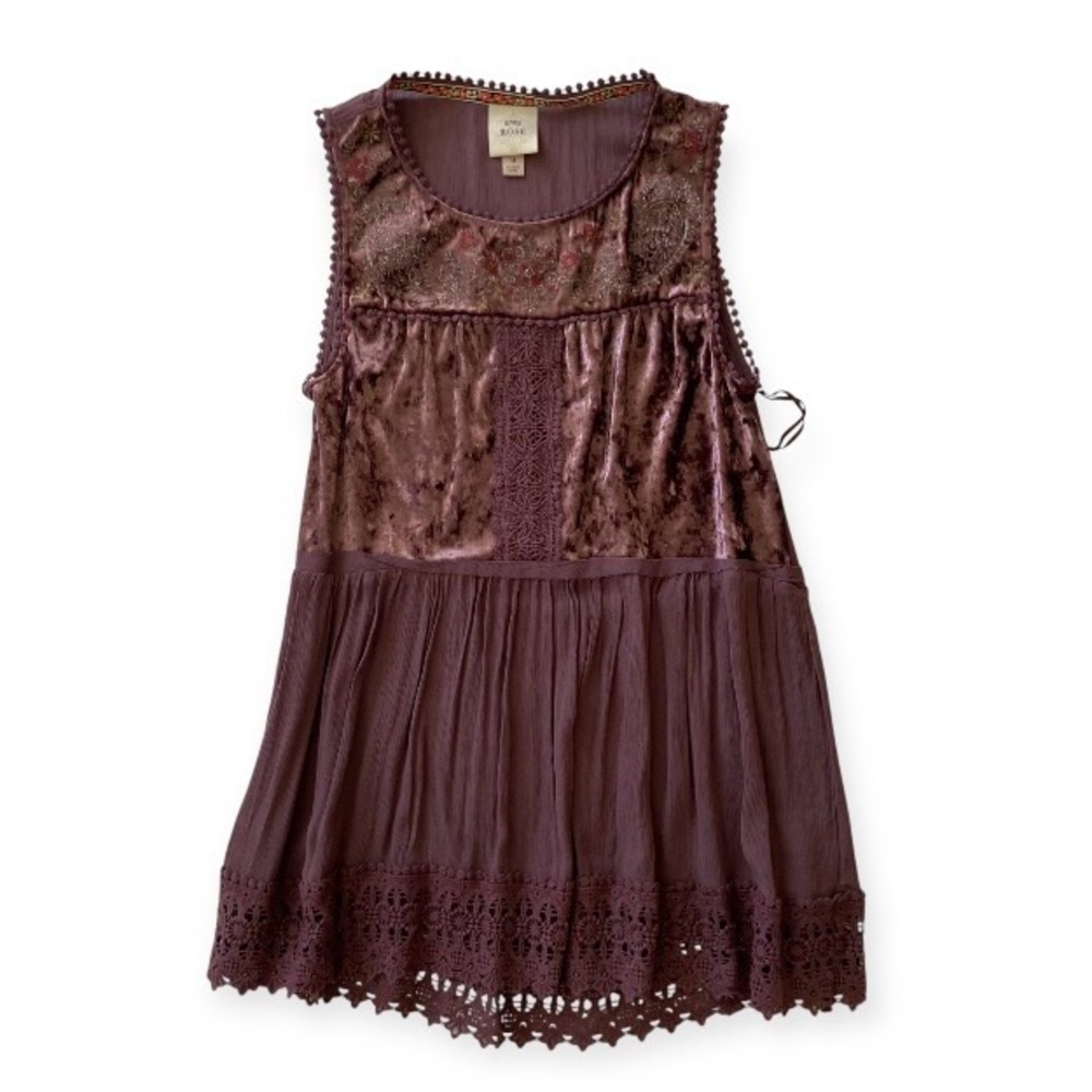 Knox Rose Purple Velvet Embroidered Boho Tank Top Lace Trim NWT Medium